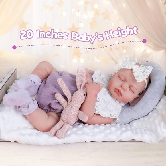 20 Inch Realistic Sleeping Newborn Baby Girl with Poseable Limbs and Feeding Set - Picture 6 of 8